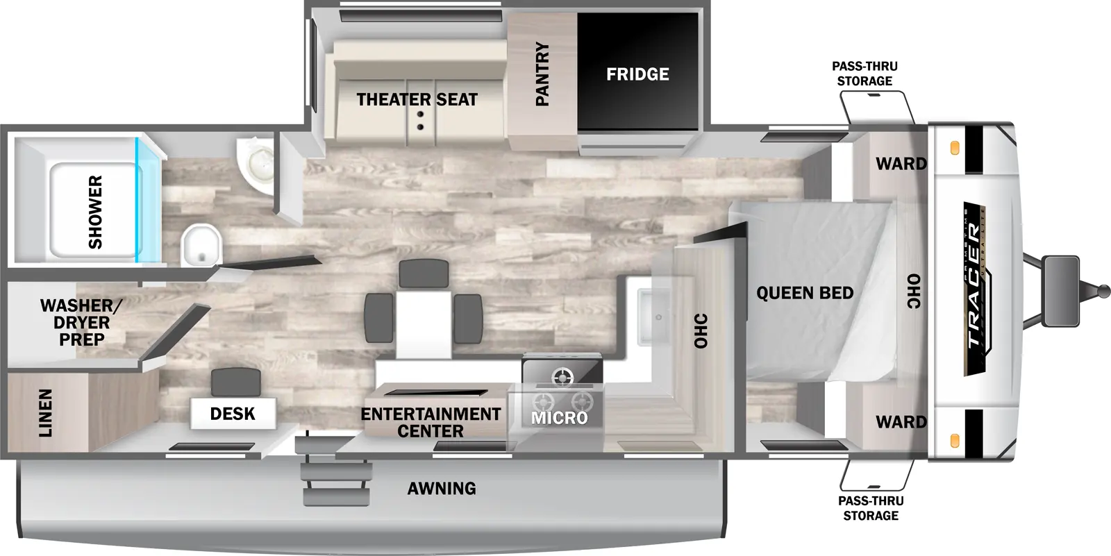 The Tracer 255DS floorplan has one entry and one slide out. Exterior features include: fiberglass exterior. Interiors features include: front bedroom.